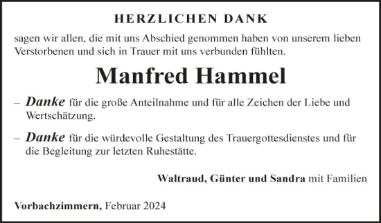 Traueranzeige von Manfred Hammel von Fränkische Nachrichten