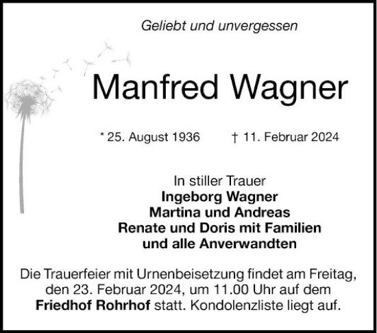 Traueranzeige von Manfred Wagner von Mannheimer Morgen