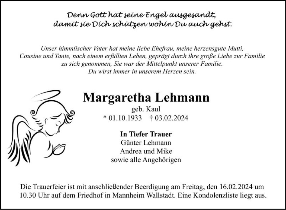  Traueranzeige für Margaretha Lehmann vom 10.02.2024 aus Mannheimer Morgen