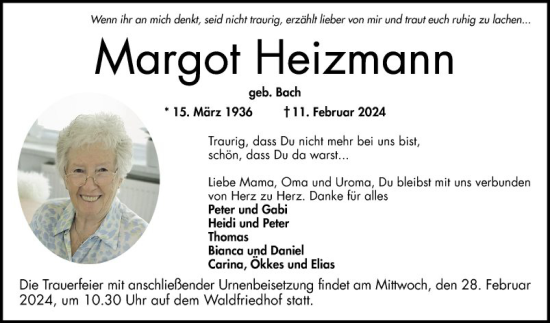 Traueranzeige von Margot Heizmann von Mannheimer Morgen