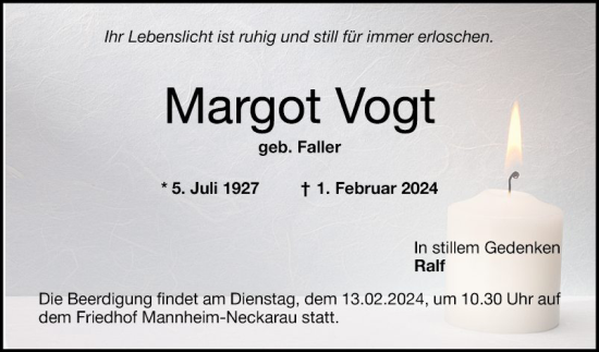 Traueranzeige von Margot Vogt von Mannheimer Morgen