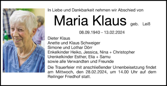 Traueranzeige von Maria Klaus von Schwetzinger Zeitung