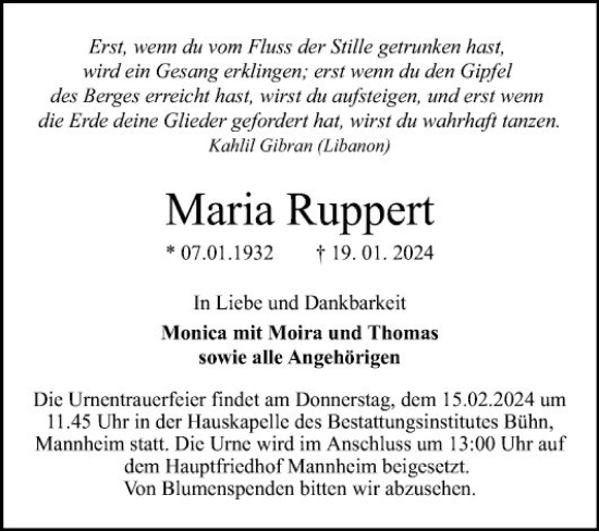 Traueranzeige von Maria Ruppert von Mannheimer Morgen