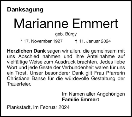 Traueranzeige von Marianne Emmert von Schwetzinger Zeitung