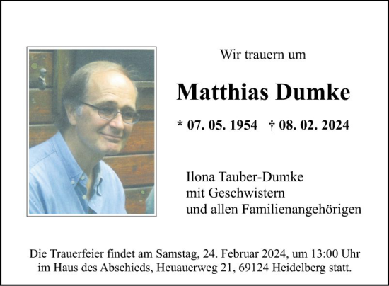 Traueranzeige von Matthias Dumke von Mannheimer Morgen