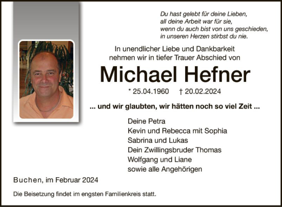 Traueranzeige von Michael Hefner von Fränkische Nachrichten