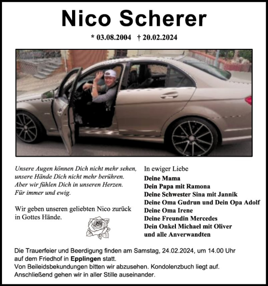 Traueranzeige von Nico Scherer von Fränkische Nachrichten