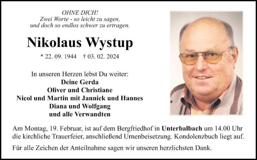  Traueranzeige für Nikolaus Wystup vom 13.02.2024 aus Fränkische Nachrichten