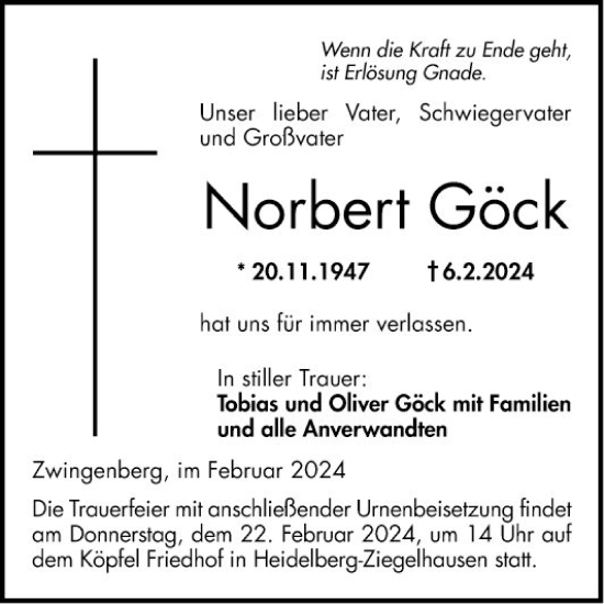 Traueranzeige von Norbert Göck von Bergsträßer Anzeiger