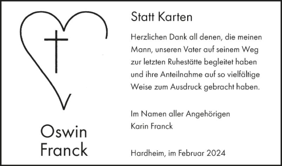 Traueranzeige von Oswin Franck von Fränkische Nachrichten