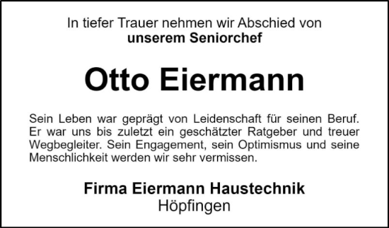 Traueranzeige von Otto Eiermann von Fränkische Nachrichten