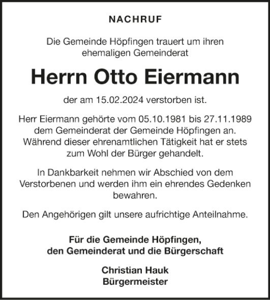 Traueranzeige von Otto Eiermann von Fränkische Nachrichten