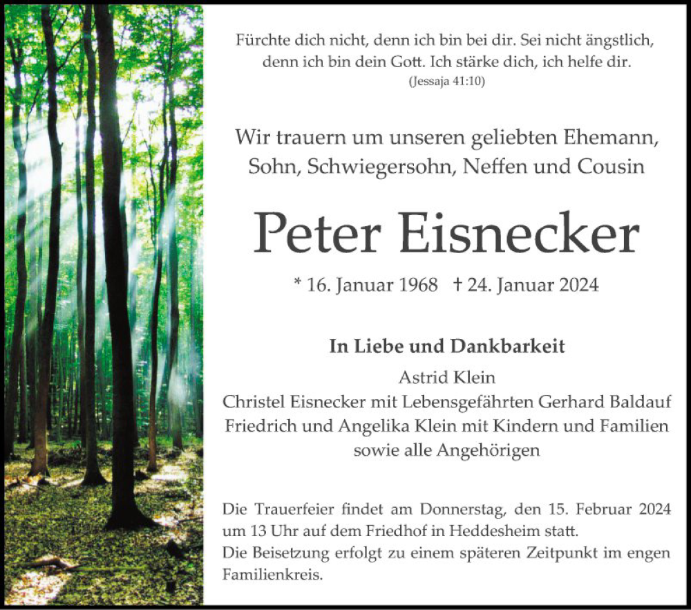  Traueranzeige für Peter Eisnecker vom 12.02.2024 aus Mannheimer Morgen