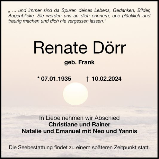 Traueranzeige von Renate Dörr von Mannheimer Morgen