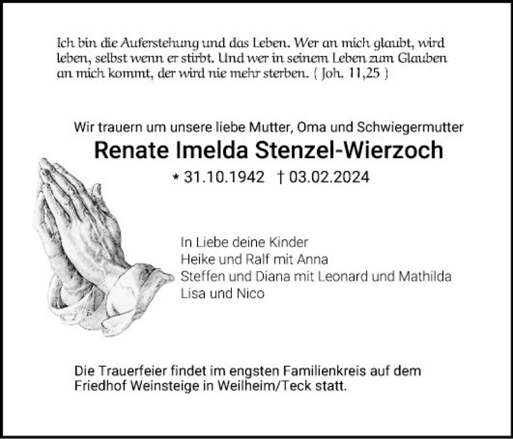  Traueranzeige für Renate Imelda Stenzel-Wierzoch vom 17.02.2024 aus Fränkische Nachrichten