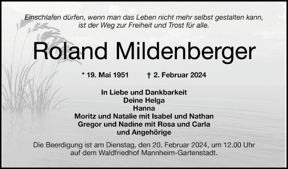  Traueranzeige für Roland Mildenberger vom 10.02.2024 aus Mannheimer Morgen