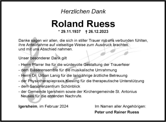 Traueranzeige von Roland Ruess von Fränkische Nachrichten