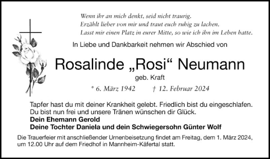 Traueranzeige von Rosalinde Neumann von Mannheimer Morgen
