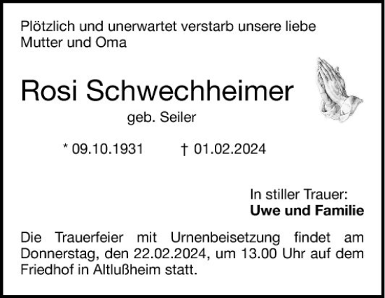 Traueranzeige von Rosi Schwechheimer von Schwetzinger Zeitung