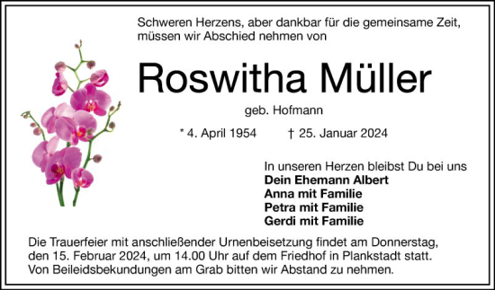 Traueranzeige von Roswitha Müller von Schwetzinger Zeitung