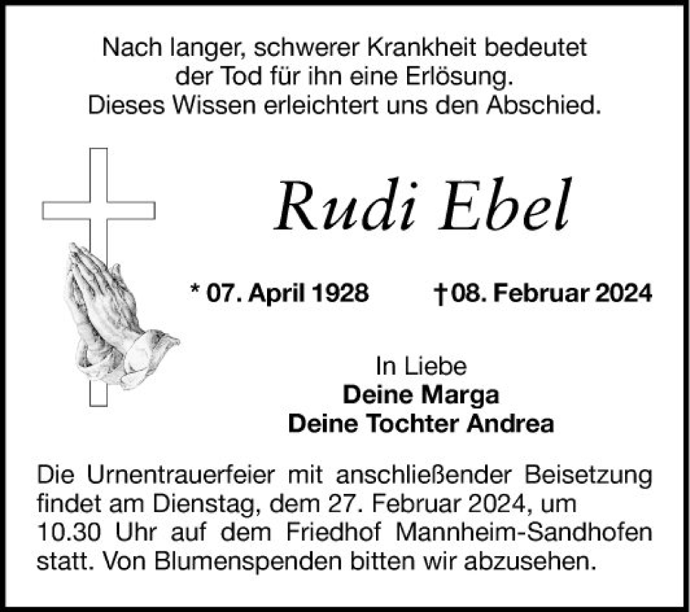  Traueranzeige für Rudi Ebel vom 24.02.2024 aus Mannheimer Morgen