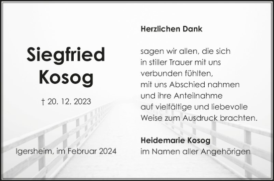 Traueranzeige von Siegfried Kosog von Fränkische Nachrichten