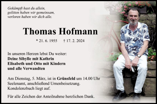 Traueranzeige von Thomas Hofmann von Fränkische Nachrichten