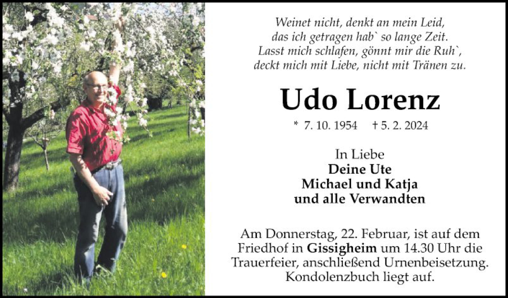  Traueranzeige für Udo Lorenz vom 17.02.2024 aus Fränkische Nachrichten
