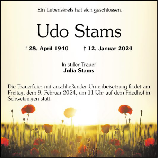 Traueranzeige von Udo Stams von Schwetzinger Zeitung