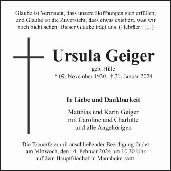 Traueranzeige von Ursula Geiger von Mannheimer Morgen