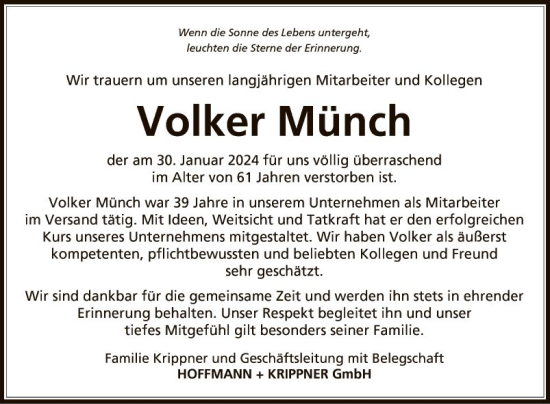 Traueranzeige von Volker Münch von Fränkische Nachrichten