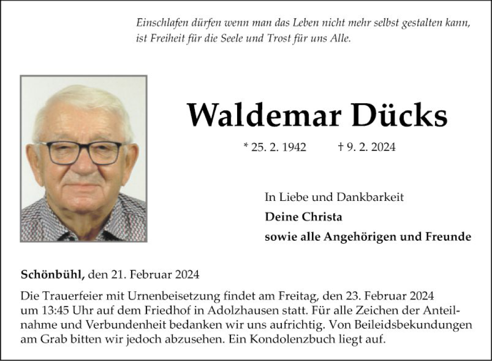  Traueranzeige für Waldemar Dücks vom 21.02.2024 aus Fränkische Nachrichten