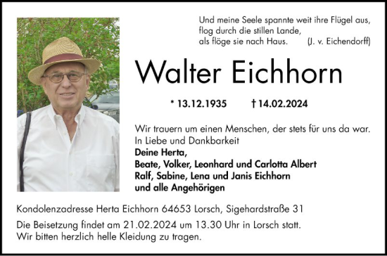 Traueranzeige von Walter Eichhorn von Bergsträßer Anzeiger