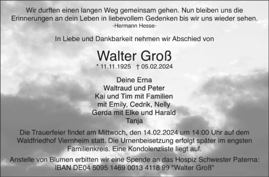 Traueranzeige von Walter Groß von Mannheimer Morgen