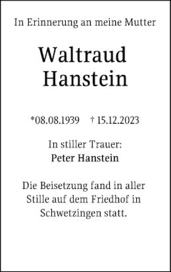 Traueranzeige von Waltraud Hanstein von Mannheimer Morgen
