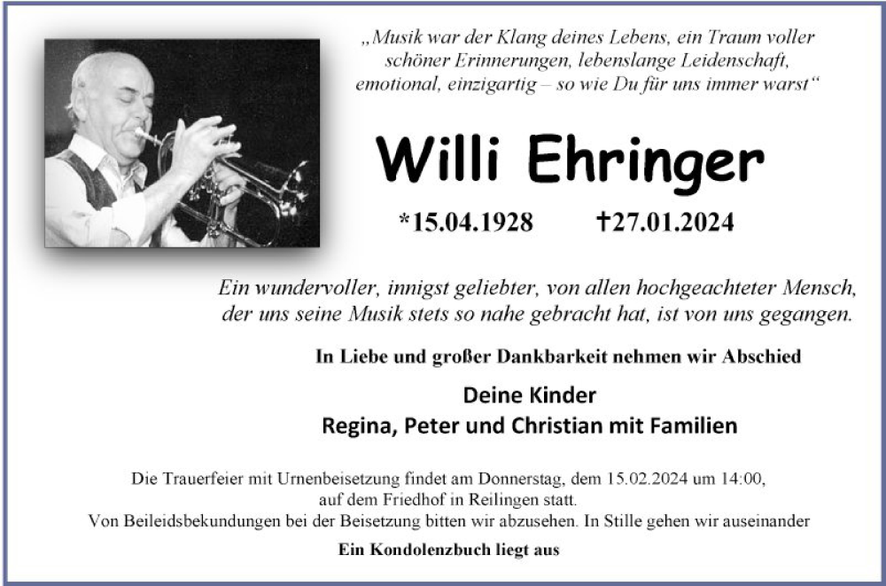  Traueranzeige für Willi Ehringer vom 08.02.2024 aus Schwetzinger Zeitung