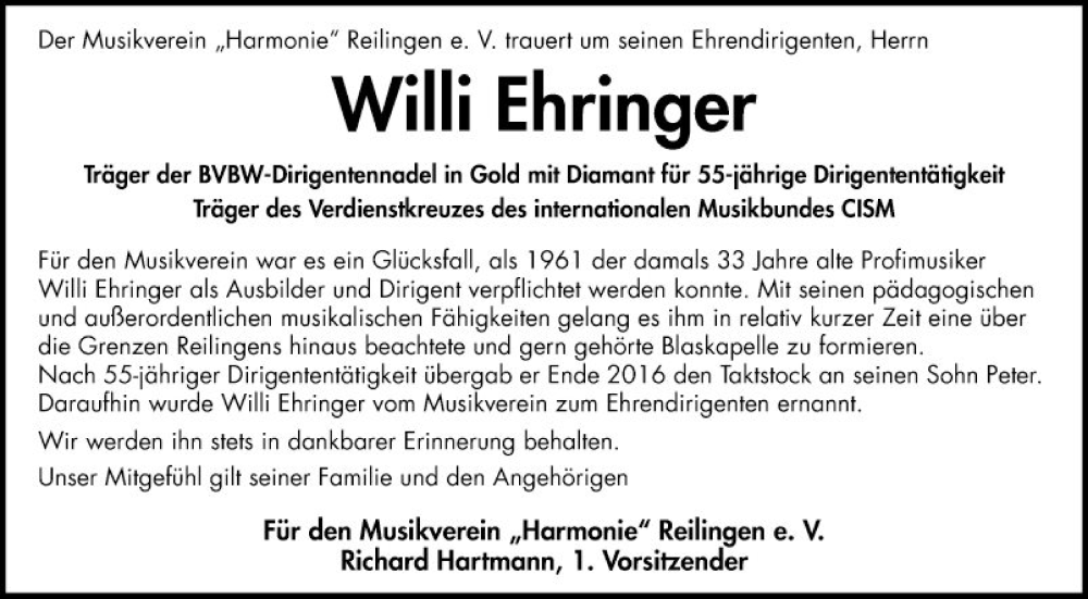  Traueranzeige für Willi Ehringer vom 08.02.2024 aus Schwetzinger Zeitung