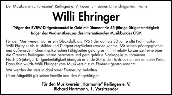 Traueranzeige von Willi Ehringer von Schwetzinger Zeitung