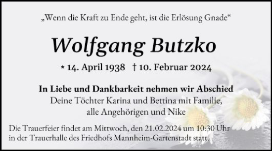 Traueranzeige von Wolfgang Butzko von Mannheimer Morgen