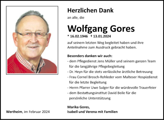 Traueranzeige von Wolfgang Gores von Fränkische Nachrichten