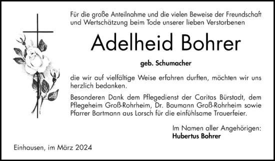 Traueranzeige von Adelheid Bohrer von Bergsträßer Anzeiger