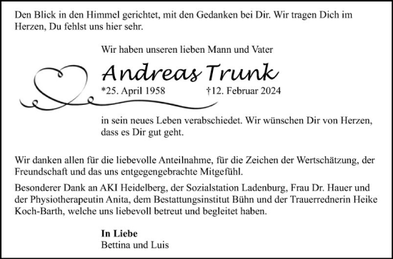 Traueranzeige von Andreas Trunk von Mannheimer Morgen