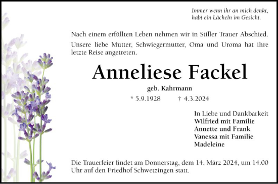 Traueranzeige von Anneliese Fackel von Schwetzinger Zeitung