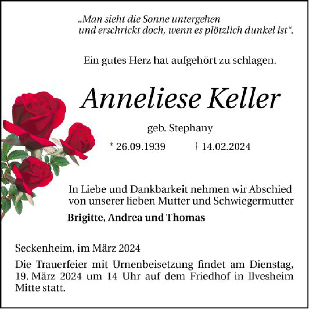  Traueranzeige für Anneliese Keller vom 16.03.2024 aus Mannheimer Morgen