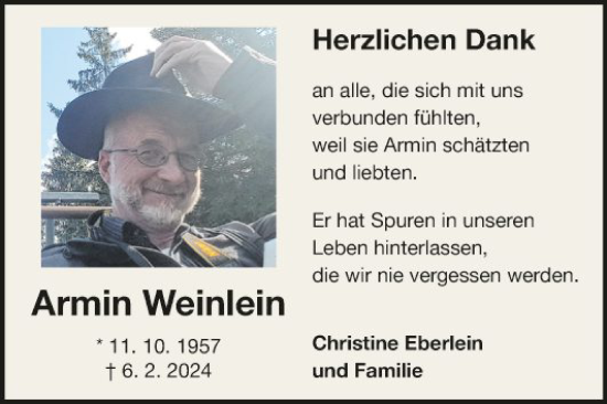 Traueranzeige von Armin Weinlein von Fränkische Nachrichten