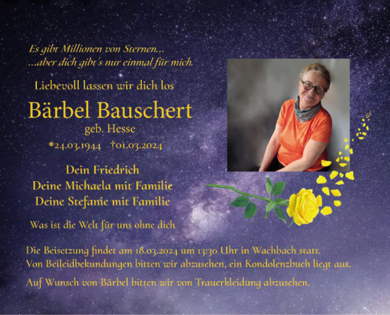 Traueranzeige von Bärbel Bauschert von Fränkische Nachrichten