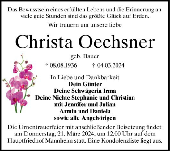 Traueranzeige von Christa Oechsner von Mannheimer Morgen