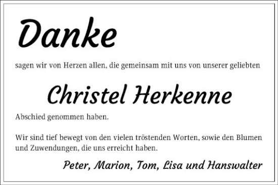 Traueranzeige von Christel Herkenne von Mannheimer Morgen