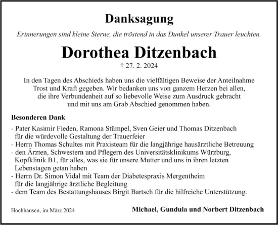 Traueranzeige von Dorothea Ditzenbach von Fränkische Nachrichten