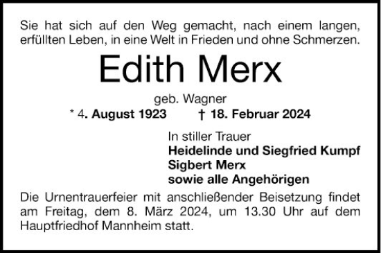 Traueranzeige von Edith Merx von Mannheimer Morgen